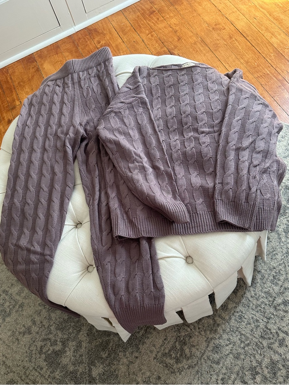 Main Strip Cable-Knit Crew Sweater & Jogger Set - Mauve